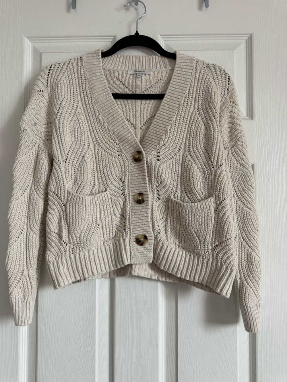 Madewell Cream Cable Knit V-Neck Pocket Cardigan